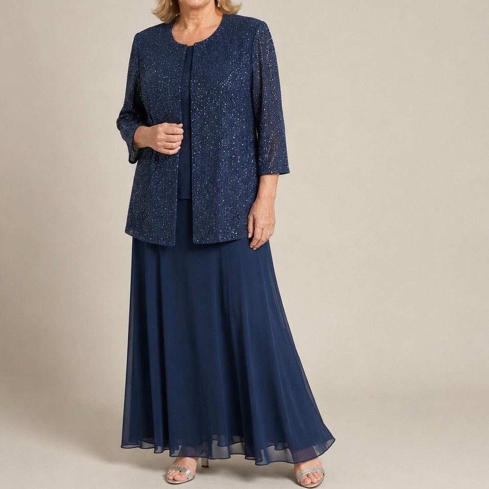 Alex Evenings Blue Glitter Knit Jacket XL & Maxi Skirt L Formal Set Glam Gala
